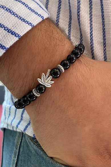 Siyah Renk Boncuk Detaylı Yaprak Figürlü Erkek Bileklik 