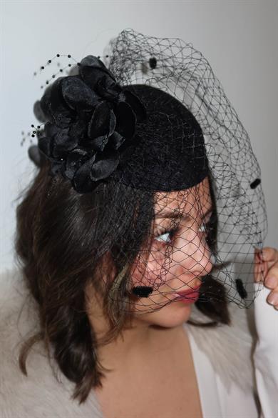 Siyah Renk Çiçek Detaylı Nikah Şapkası/Vualet Şapka