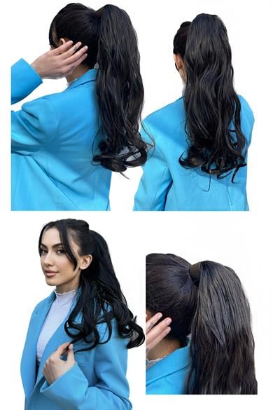 Siyah Renk Dalgalı Gerçek Saç Dokusunda At Kuyruğu Postiş Tokalı Saç eklentisi