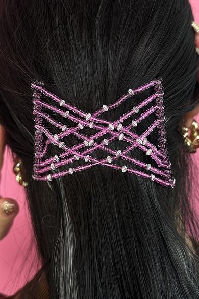 Siyah Renk Fuşya Boncuk Detaylı Tel Tarak Toka 