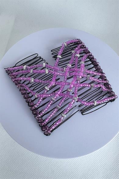 Siyah Renk Fuşya Boncuk Detaylı Tel Tarak Toka 