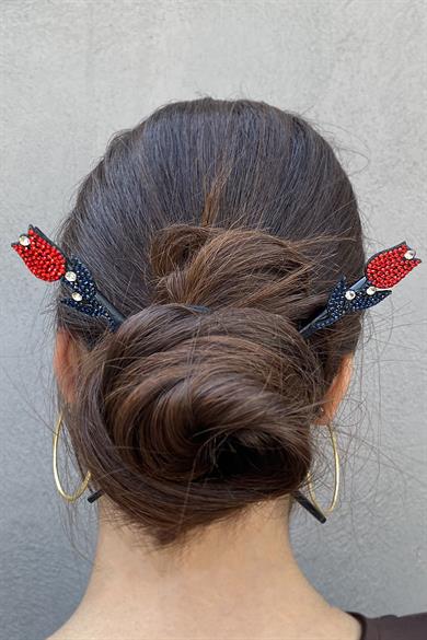 Siyah Renk Gül Figürlü Taşlı İkili Topuz Tokası