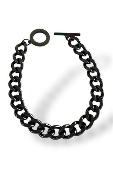 Siyah Renk Halka Kilit Detaylı Zincir Detaylı Çelik Erkek Bileklik
