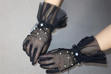 Siyah Renk İnci Ve Tül Detaylı Şık Gelin Eldiveni Nikah/Düğün/Parti/Kostüm Eldiveni