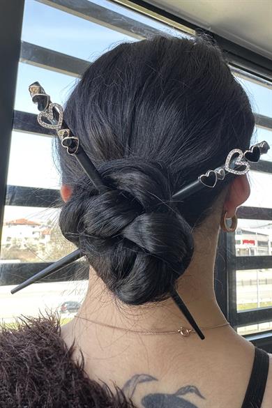 Siyah Renk Kalp Figürlü İkili Topuz Tokası/ Kalemi