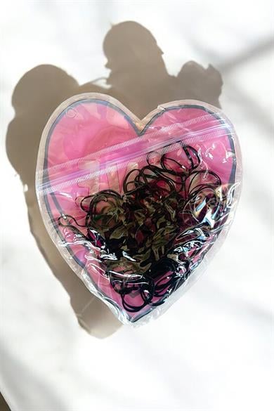 Siyah Renk Kalp Figürlü Perma Paket Lastik Toka