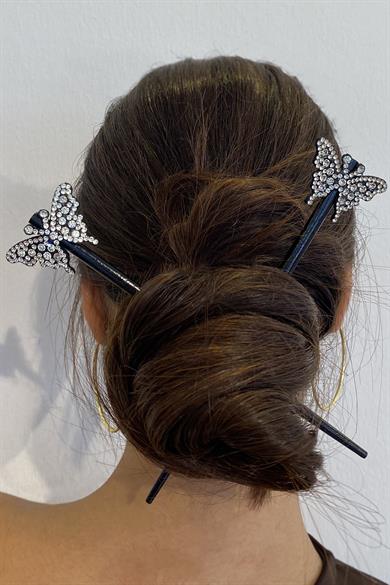 Siyah Renk Kelebek Figürlü İkili Topuz Tokası