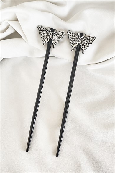 Siyah Renk Kelebek Figürlü İkili Topuz Tokası