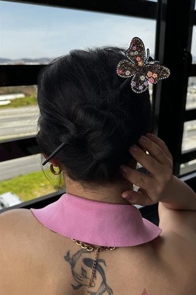 Siyah Renk Kelebek Figürlü Topuz Tokası/Topuz Kalemi