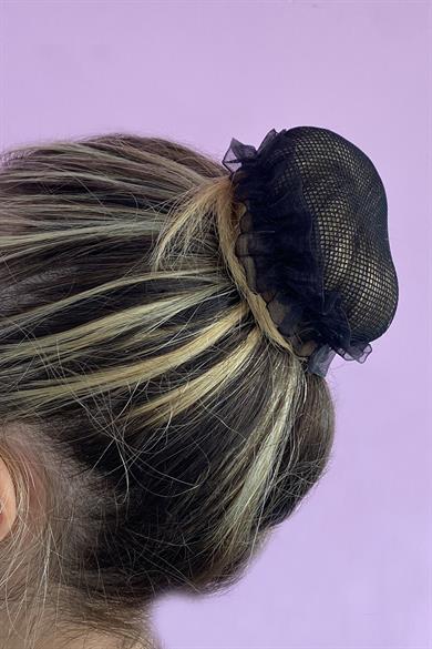 Siyah Renk Küçük File Detaylı Topuz Toka