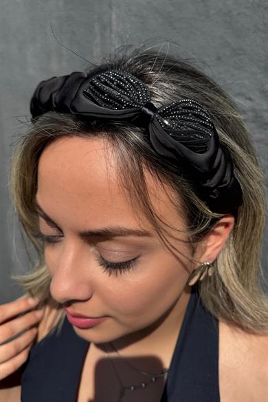 Siyah Renk Kurdele Figürlü Taş Detaylı Taç