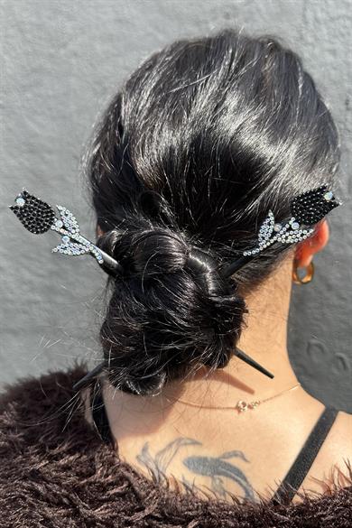 Siyah Renk Lale Figürlü Taş Detaylı Topuz Tokası/ Kalemi