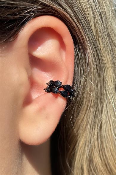 Siyah Renk Taş Detaylı Xuping Çelik Ear Cuff (Çift)