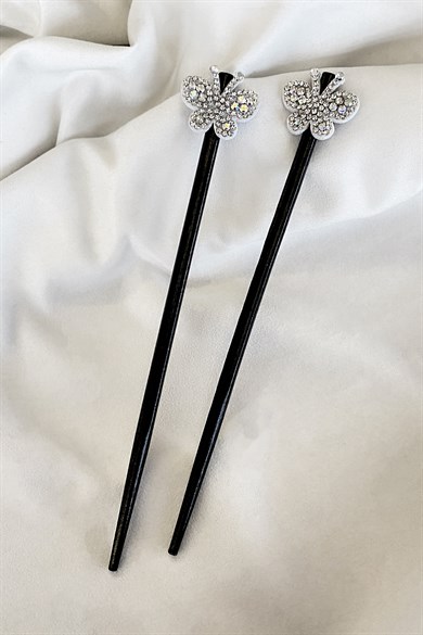 Siyah Renk Taşlı Kelebek Figürlü İkili Topuz Tokası