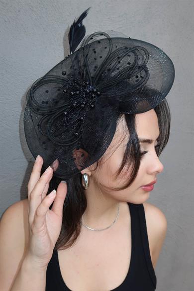 Siyah Renk Tüy Detaylı Nikah Şapkası/Vualet Şapka