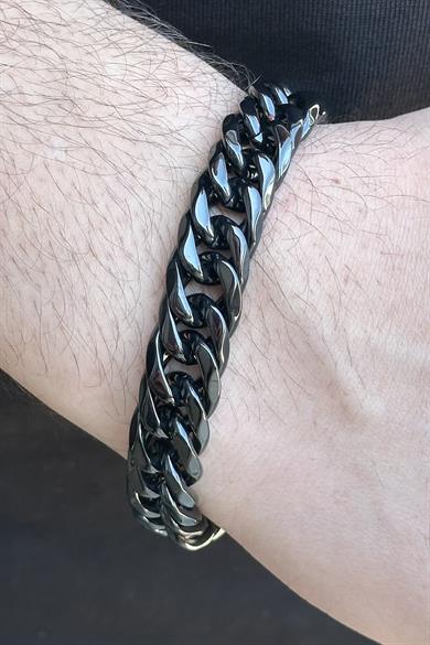 Siyah Renk Zincir Detaylı Erkek Çelik Bileklik