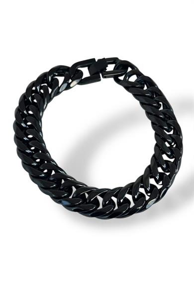 Siyah Renk Zincir Detaylı Erkek Çelik Bileklik