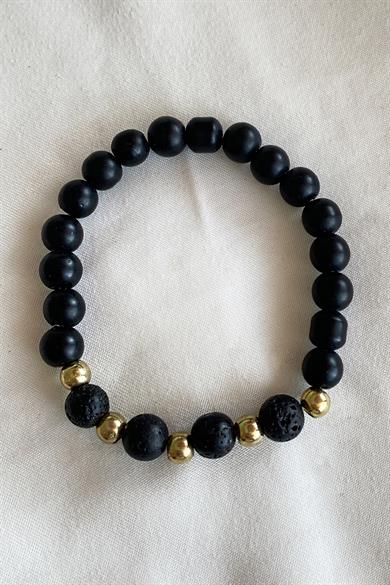 Siyah Ve Altın Renk Boncuk Detaylı Erkek Bileklik 