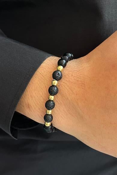 Siyah Ve Altın Renk Boncuk Detaylı Erkek Bileklik 