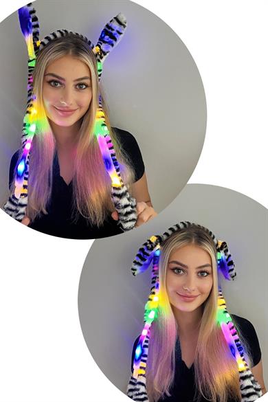 Siyah Ve Beyaz Renk Zebra Desenli Işıklı Kulakları Oynayan Taç