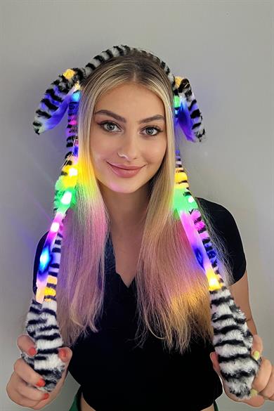 Siyah Ve Beyaz Renk Zebra Desenli Işıklı Kulakları Oynayan Taç