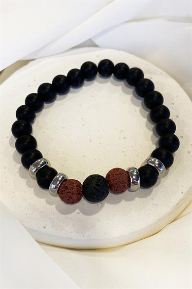 Siyah Ve Kırmızı Renk Boncuk Detaylı Erkek Bileklik 