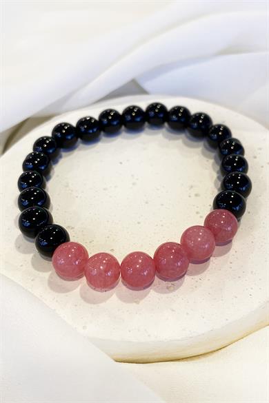 Siyah Ve Pembe Renk Boncuk Detaylı Erkek Bileklik 