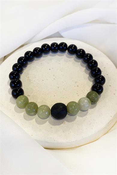 Siyah Ve Yeşil Renk Boncuk Detaylı Erkek Bileklik 