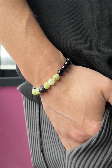 Siyah Ve Yeşil Renk Boncuk Detaylı Erkek Bileklik 