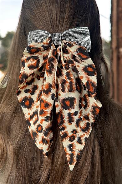 Turuncu Renk Leopar Desenli Taş Detaylı Otomat Toka