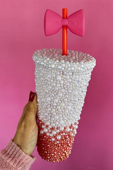 Turuncu Ve Beyaz Renk İnci Detaylı Pipetli Suluk