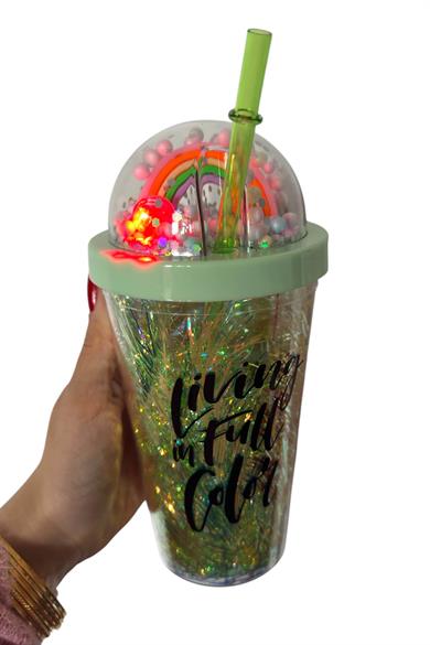 Yeşil Renk Gökkuşağı Figürlü Pipetli Işıklı Suluk