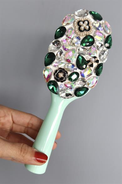 Yeşil Renk Taş Ve İnci Detaylı Saç Tarama Fırçası/ Tarak