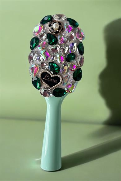 Yeşil Renk Taş Ve Love Yazılı Saç Tarama Fırçası/ Tarak