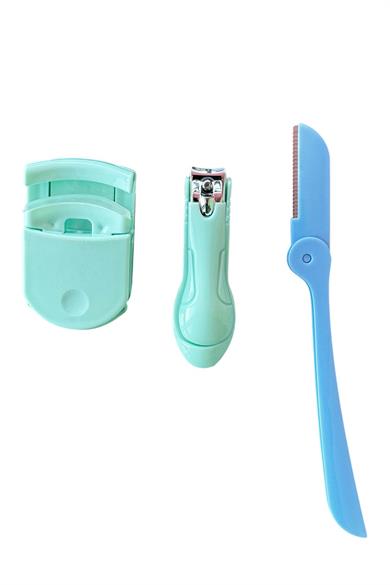 Yeşil Ve Mavi Renk 3lü Tırnak Makası/ Kaç Usturası/ Kirpik Kıvırıcı Set