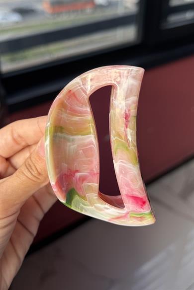 Yeşil Ve Pembe Renk Mermer Desenli Kemik Mandal Toka