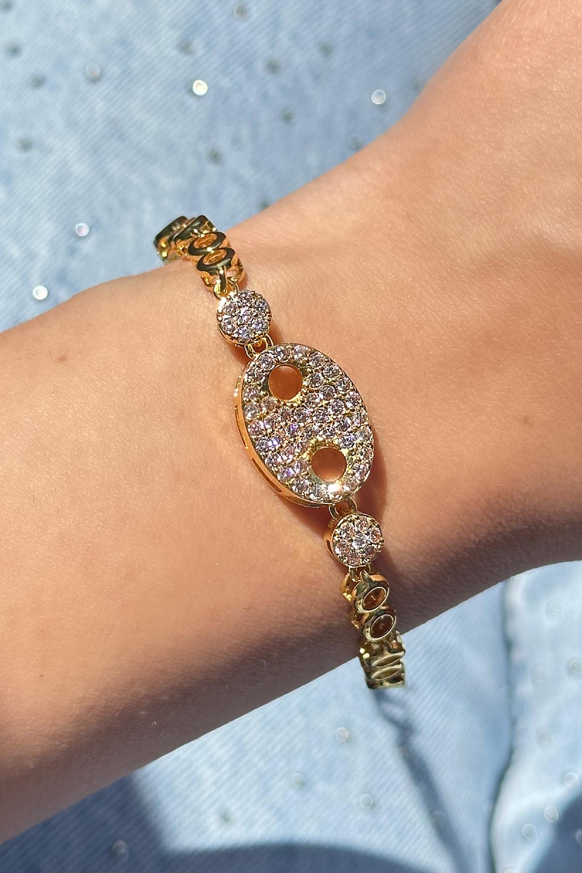 Altın Renk Taş Detaylı Çelik Bileklik