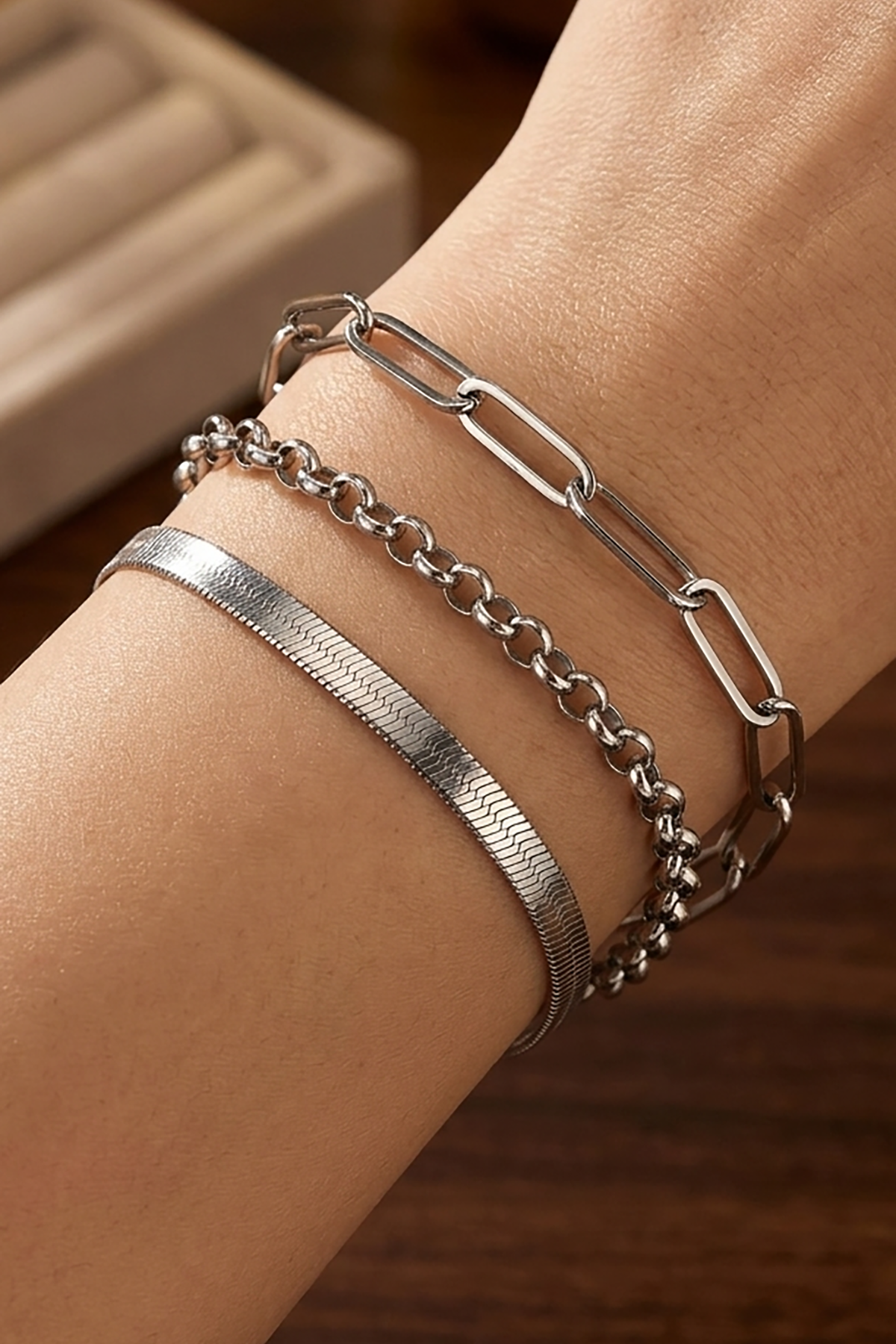 Gümüş Renk 3'lü Çelik Bileklik Set