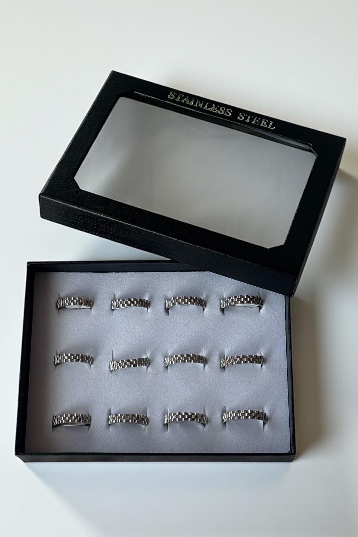 12'li Gümüş Renk Çelik Erkek Yüzük Set