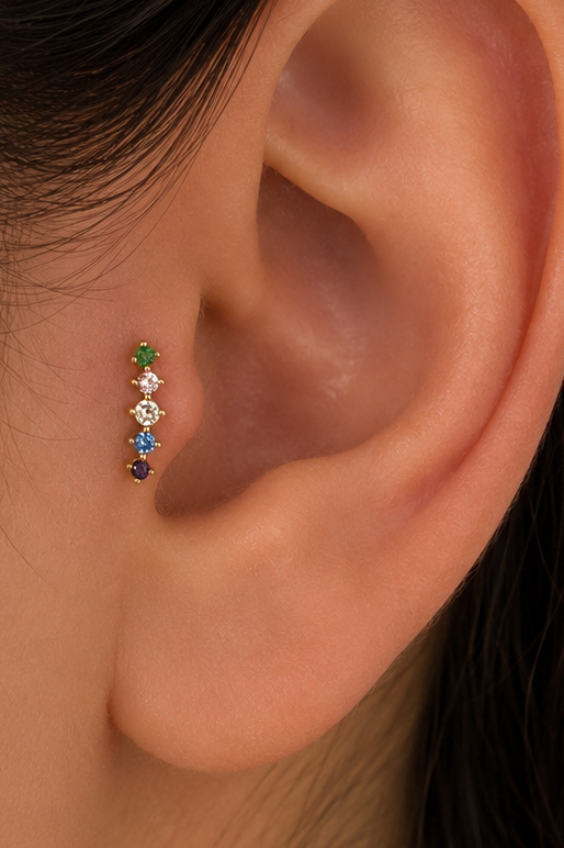 Altın Renk Taşlı Cerrahi Çelik Tragus/Kıkırdak Küpe/Piercing (Tek)