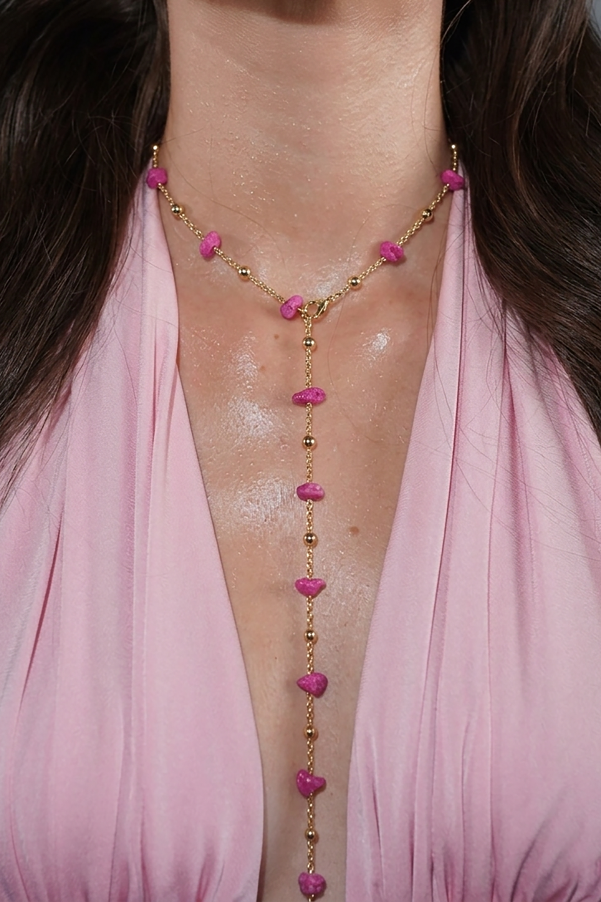 Altın Renk Taş Detaylı Çelik Y Kolye