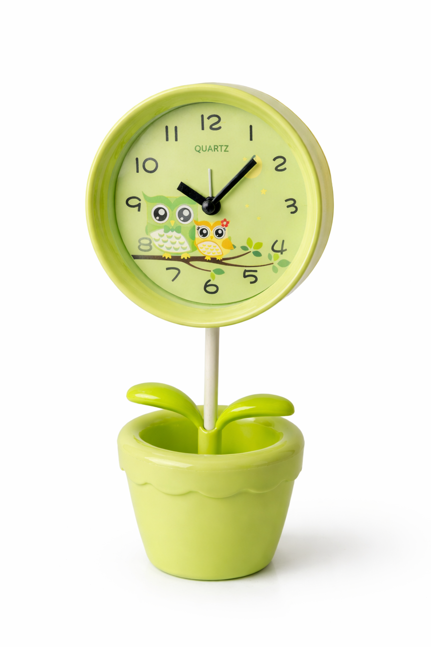 Yeşil Renk Saksı Figürlü Alarmlı Masa Saati