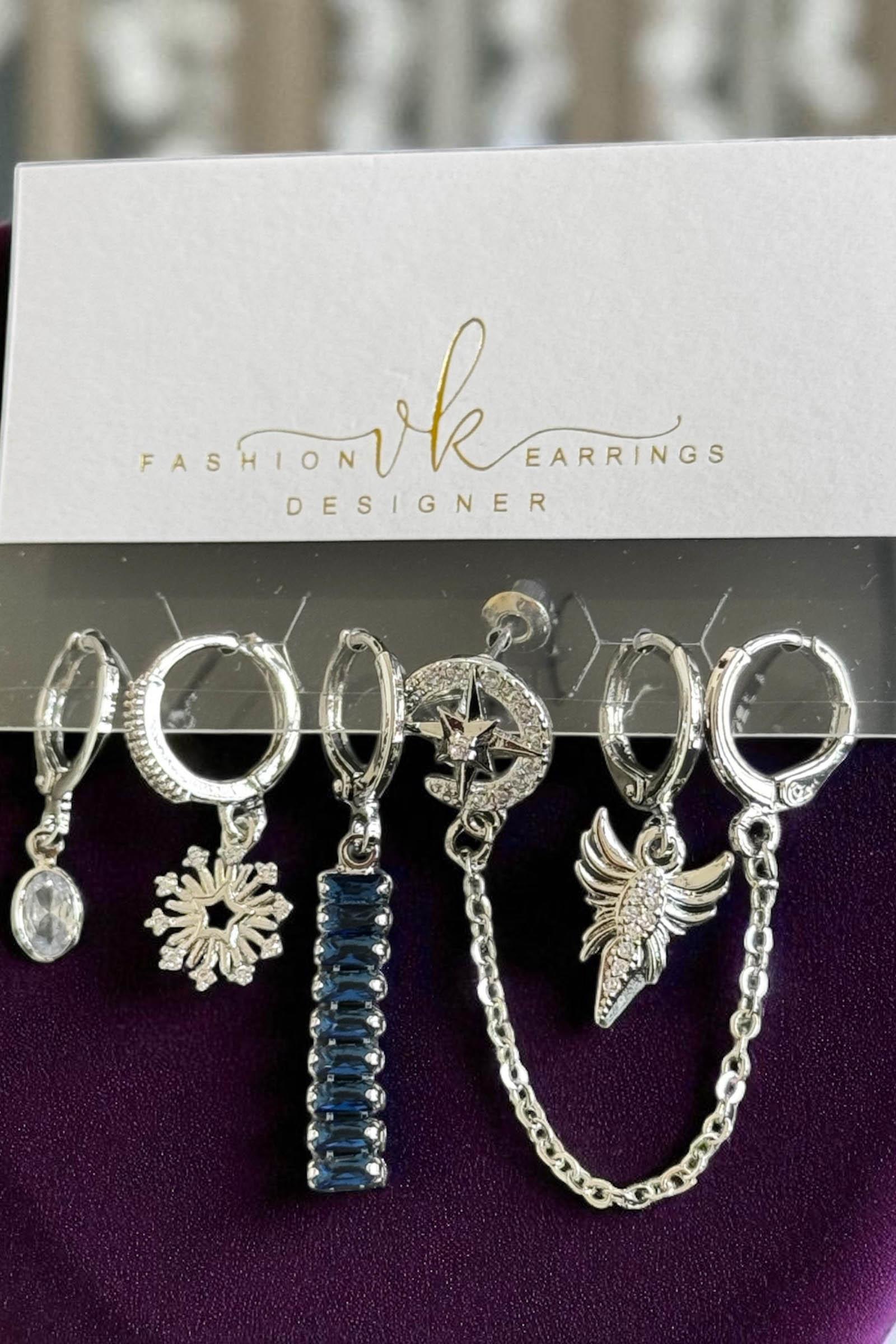 6'lı Gümüş Renk Taş Detaylı Küpe Set