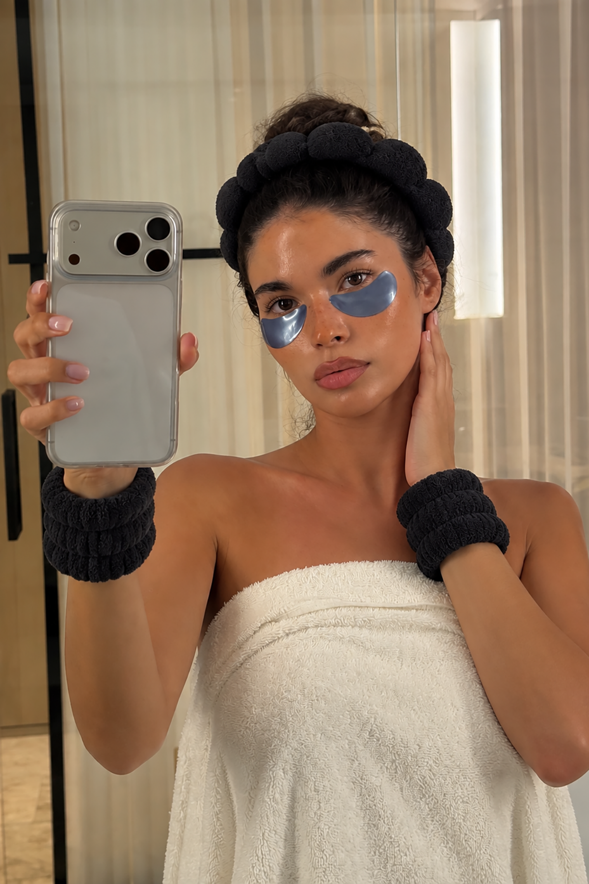 Siyah Renk Spa Taç Ve Peluş Su Emici Havlu Bileklik Set