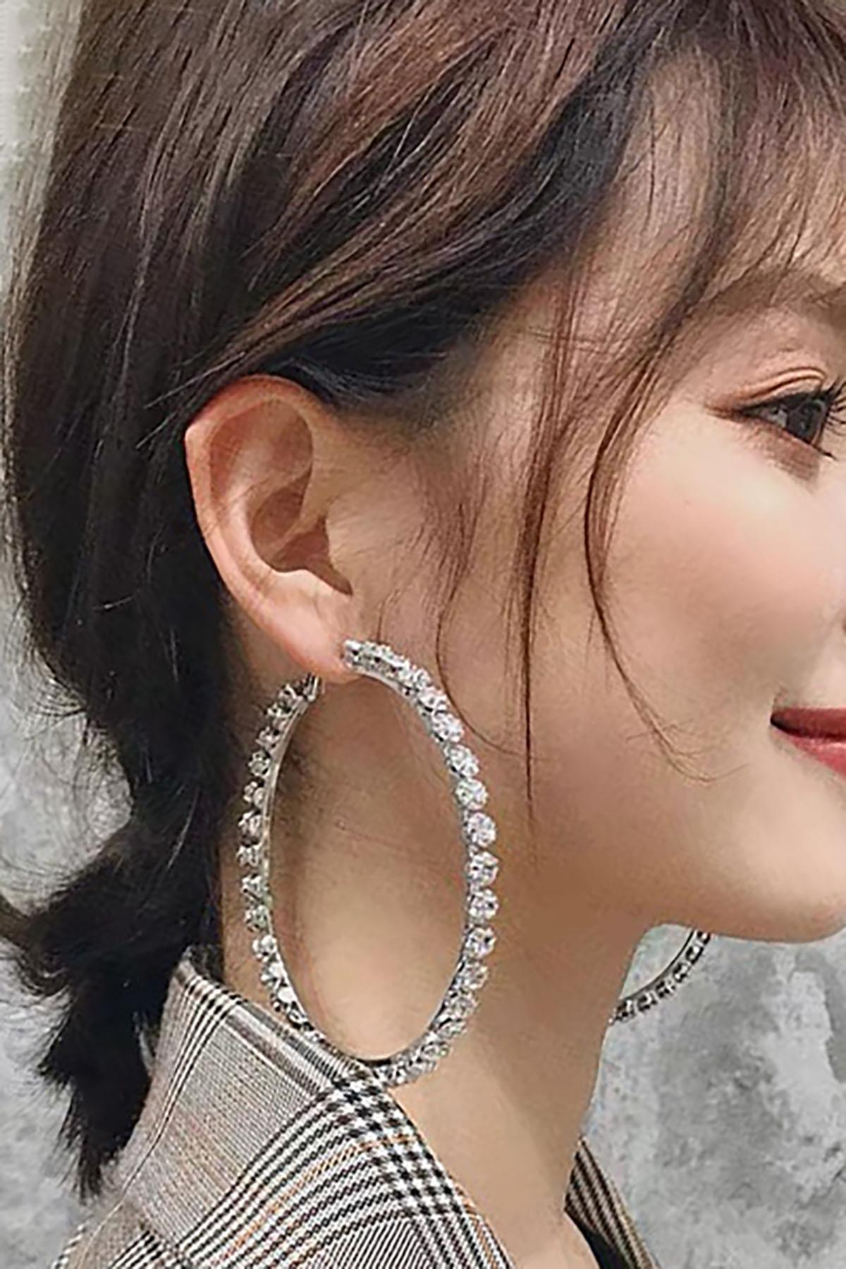 Gümüş Renk Taş Detaylı Halka Küpe 85Mm (Çift)