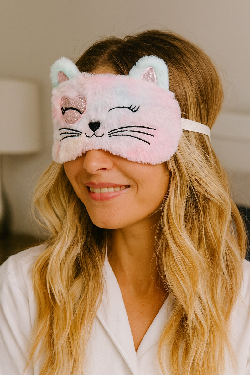 Pembe Renk Kedi Figürlü Peluş Uyku Bandı