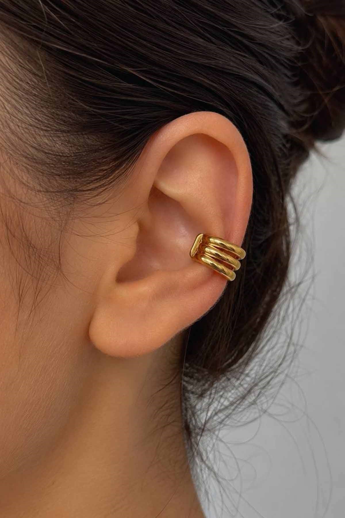 Altın Renk Taş Detaylı 14K Altın Kaplama TX Ear Cuff (Tek)