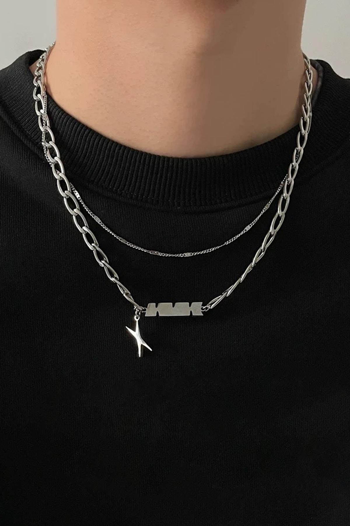 Gümüş Renk Erkek İkili Zincir Çelik Kolye 