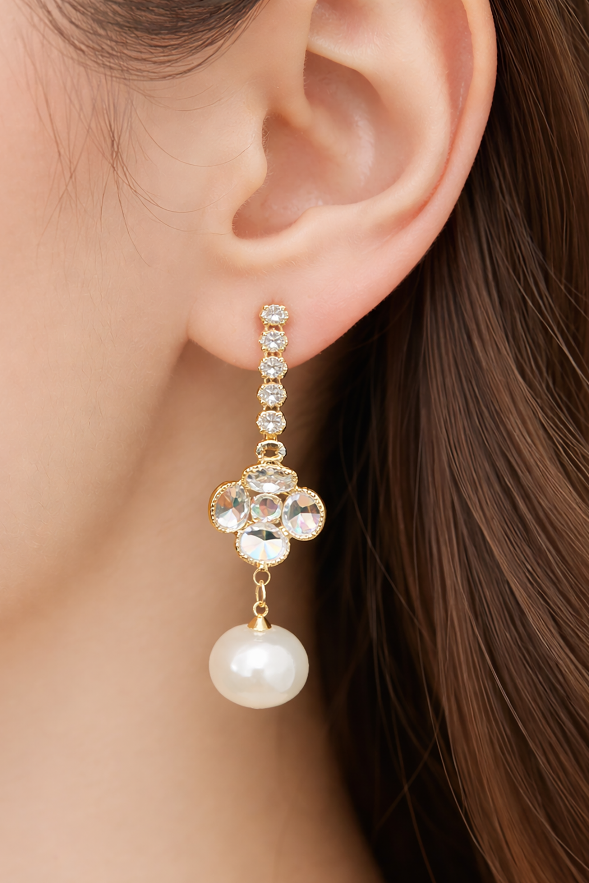 Altın Renk Taş Ve İnci Detaylı Küpe (Çift)