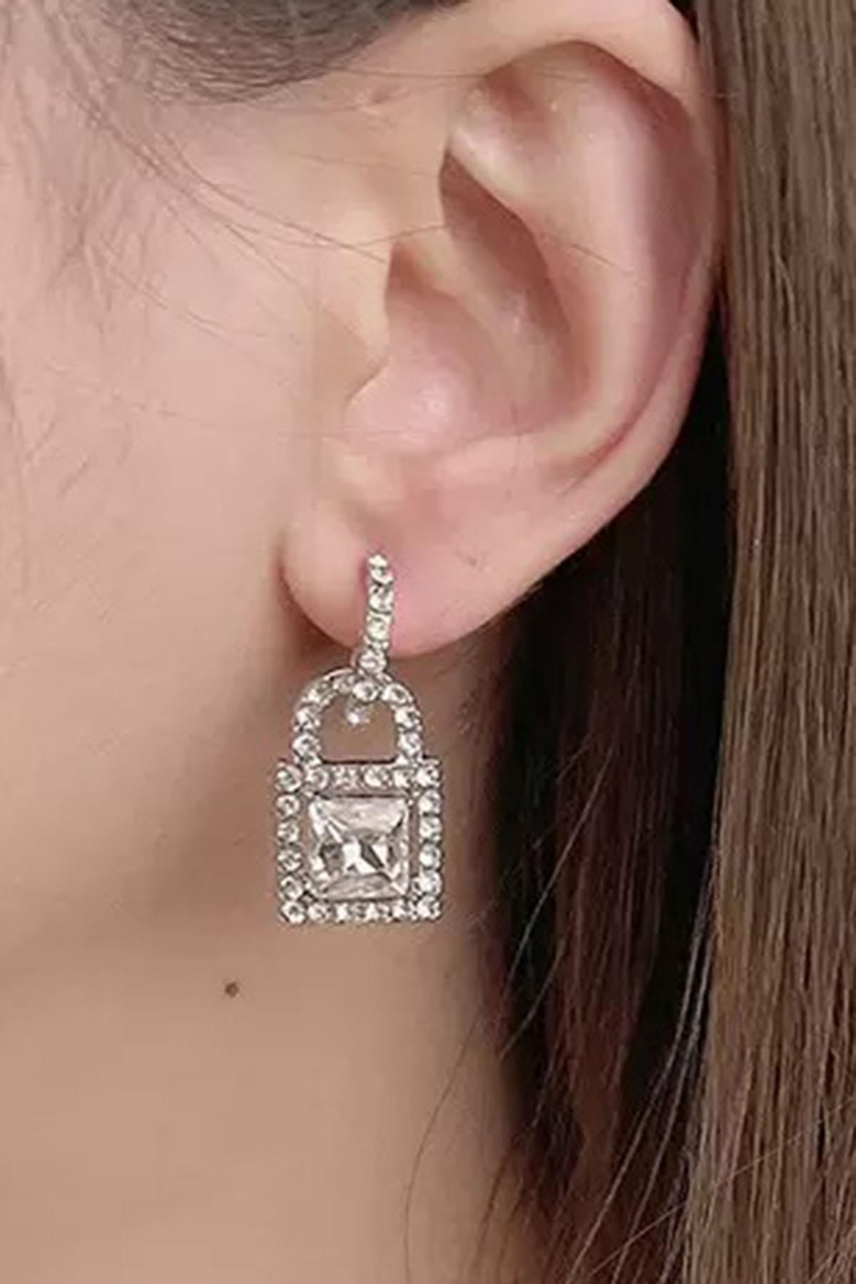 Gümüş Renk Taş Detaylı Küpe (Çift)